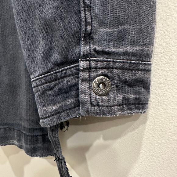 Free People Embellished Military Shirt Jacket Gray Distressed Beaded Patchwork - Picture 11 of 13